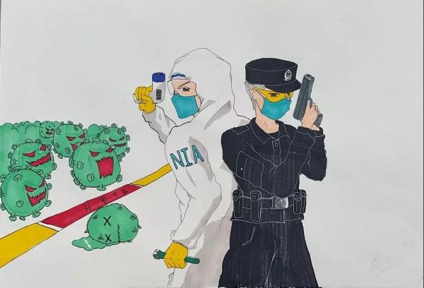移民管理警察手绘漫画定格疫线瞬间